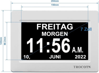 TROCOTN Demenz Uhr Senioren Digitale Uhr Tagesuhr Großes Display Wecker Wanduhr (Weiß, 7 Zoll)