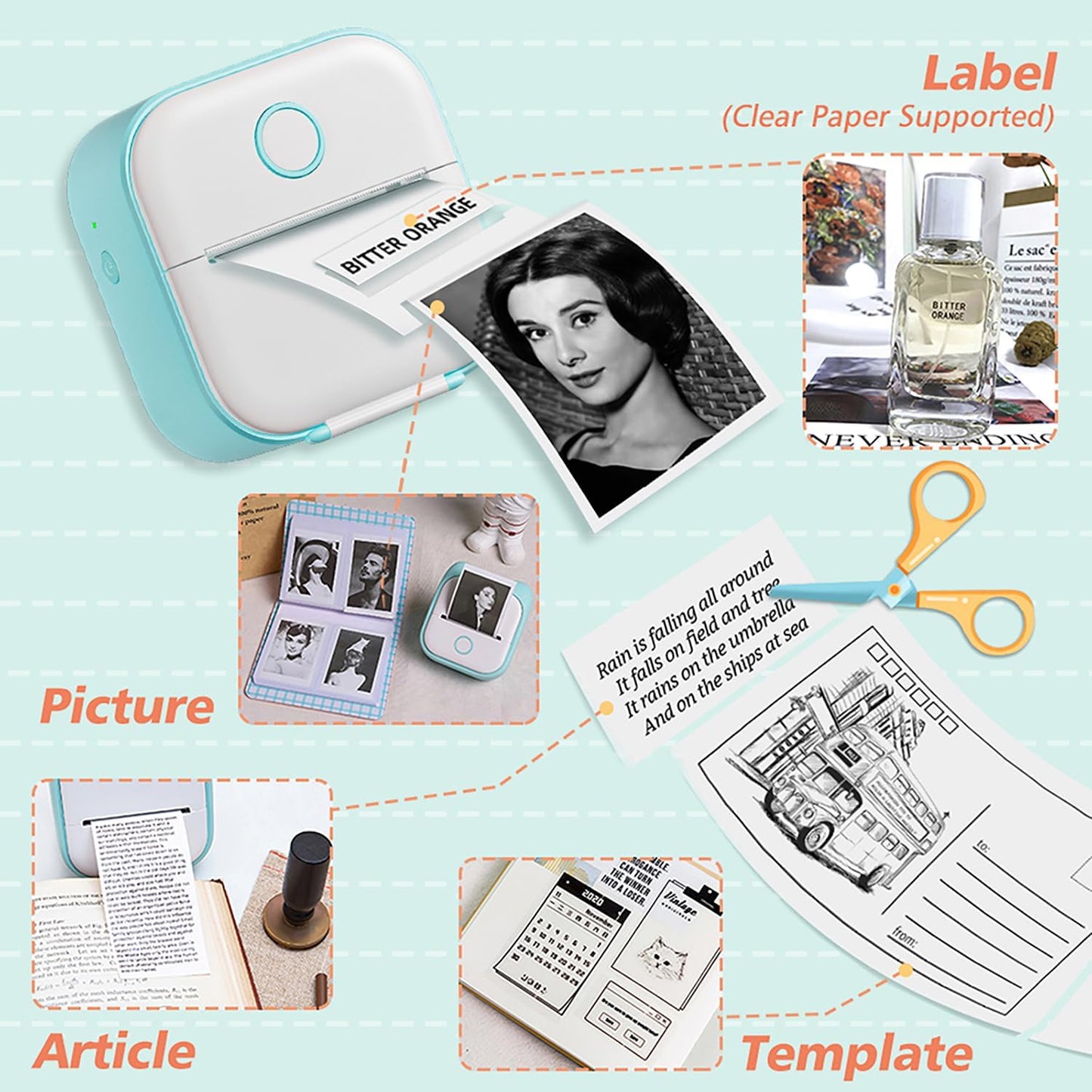Mini Drucker - T02 Minidrucker für Smartphone, Aufkleber Handy Thermodrucker Bluetooth Grün