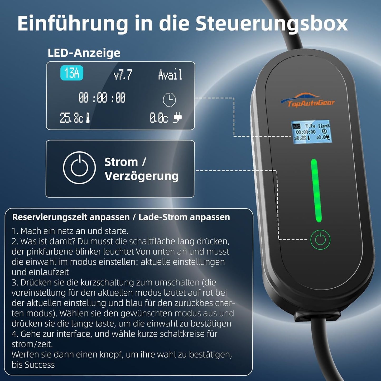 TopAutoGear EV Ladegerät Typ 2 Anschluss Ladekabel 10m 6/8/10/16A