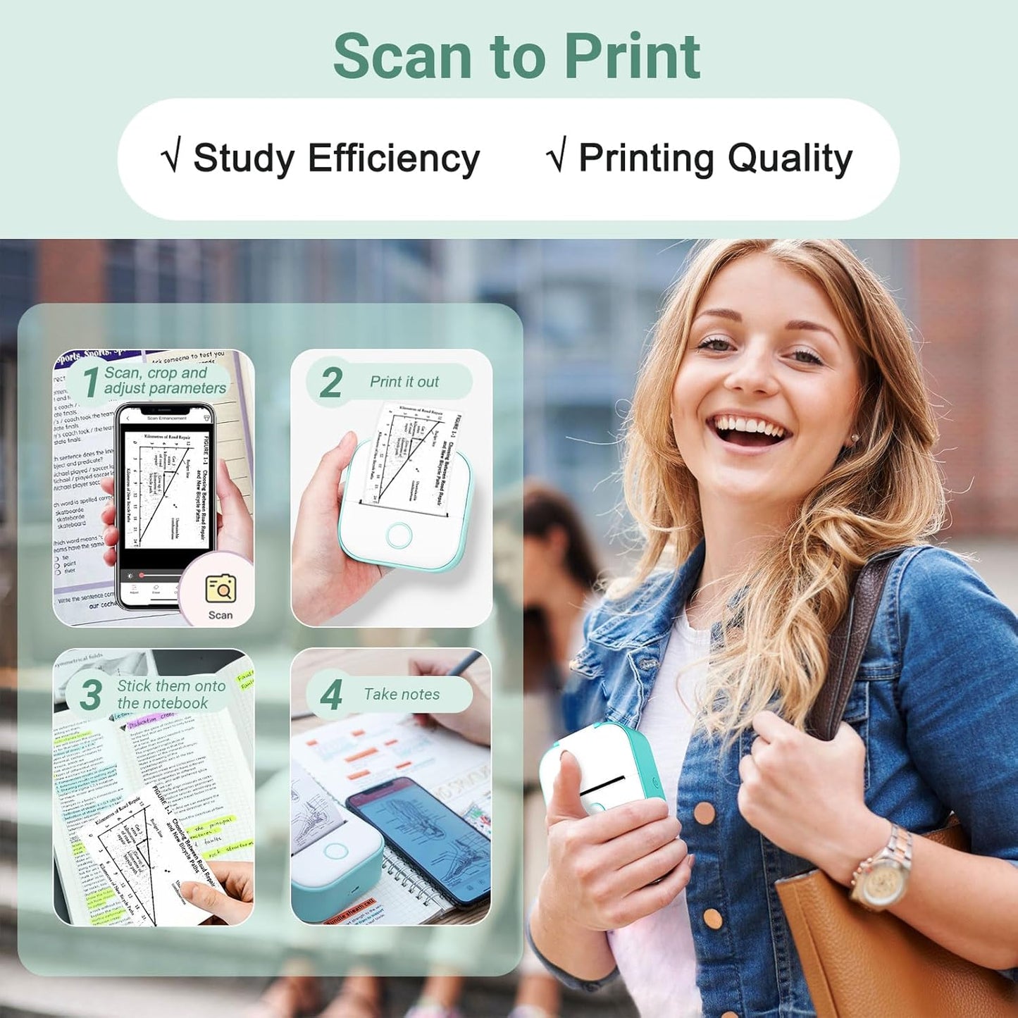 Mini Drucker - T02 Minidrucker für Smartphone, Aufkleber Handy Thermodrucker Bluetooth Grün