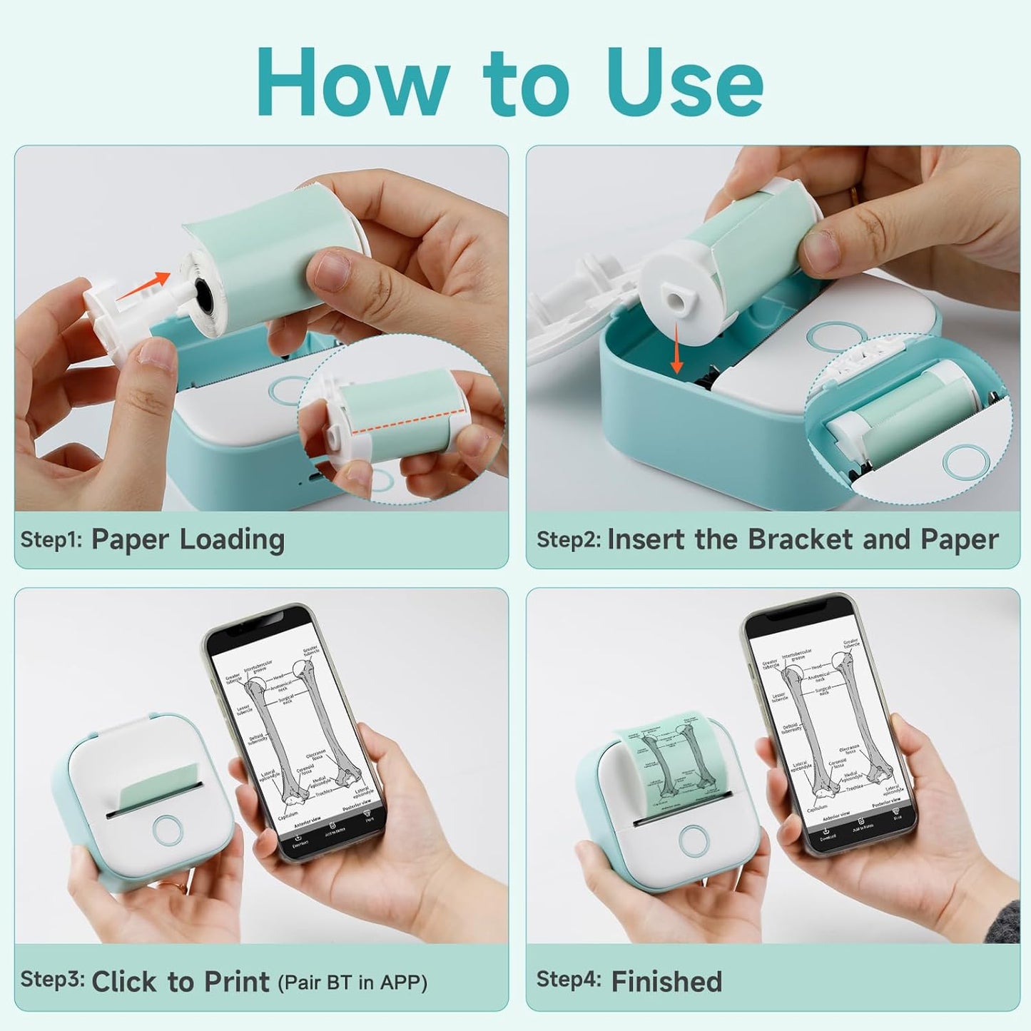 Mini Drucker - T02 Minidrucker für Smartphone, Aufkleber Handy Thermodrucker Bluetooth Grün