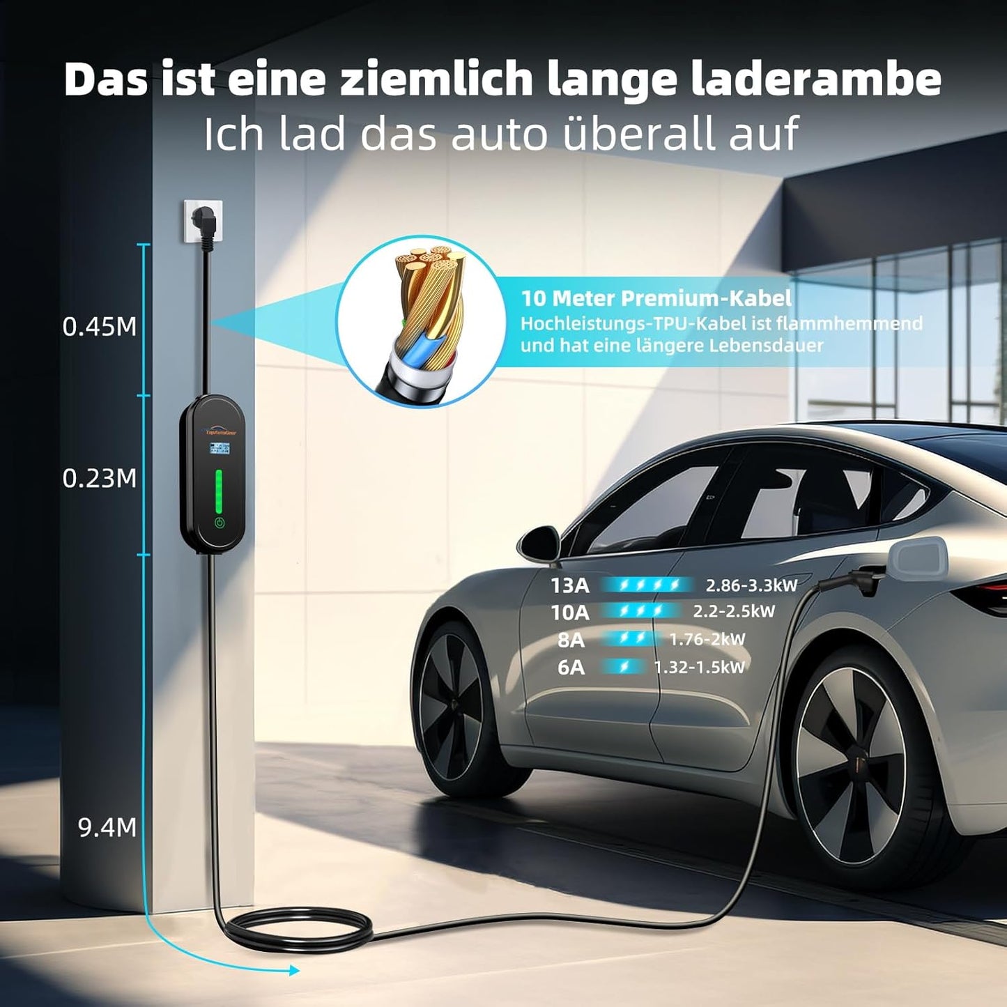 TopAutoGear EV Ladegerät Typ 2 Anschluss Ladekabel 10m 6/8/10/16A