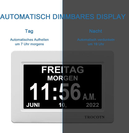 TROCOTN Demenz Uhr Senioren Digitale Uhr Tagesuhr Großes Display Wecker Wanduhr (Weiß, 7 Zoll)