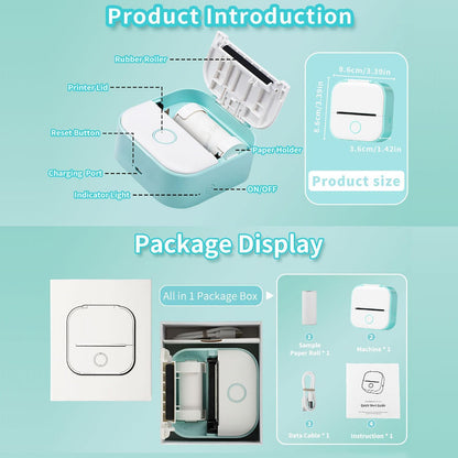 Mini Drucker - T02 Minidrucker für Smartphone, Aufkleber Handy Thermodrucker Bluetooth Grün