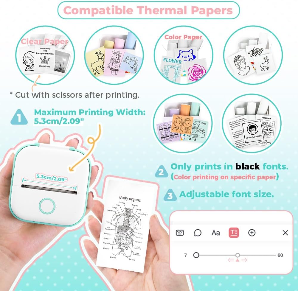 Mini Drucker - T02 Minidrucker für Smartphone, Aufkleber Handy Thermodrucker Bluetooth Grün