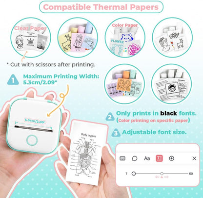 Mini Drucker - T02 Minidrucker für Smartphone, Aufkleber Handy Thermodrucker Bluetooth Grün