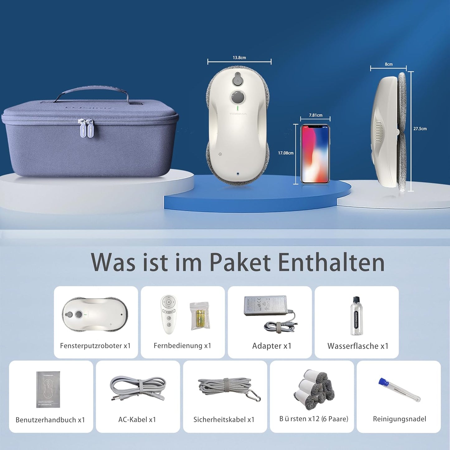 Tosima W3 Fensterreiniger, Küchenroboter, intelligente Navigation & Küchenroboter, mit Fernbedienung,3800 Pa