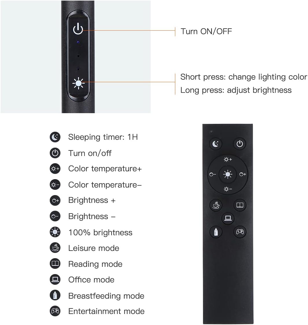 TOMSHINE LED Stehleuchte avec Fernbedienung und Touch-Steuerung, 4 Farbtemperatures, avec variateur pour salon, salon, bureau, noir [Classe énergétique A+]