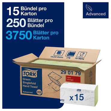 TORK  Papierhandtücher  290179 ZigZag 2-lagig, grün, 25 cm x 23 cm aus Tissue mit Z-Falzung - 3750 Blatt gesamt