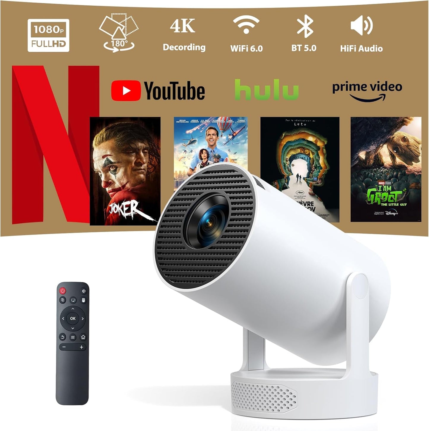 Trunera Mini Beamer, 4K Decoding Full HD 1080P, 20000 Lumen Helligkeit, Android 11, Bluetooth 5.0