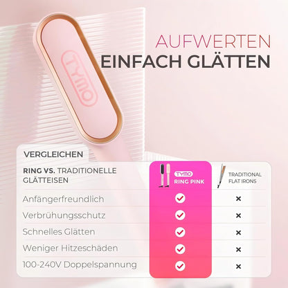 TYMO RING Glättbürste Haarglätter Bürste Keramik Haarbürste 2 in 1,Rosa