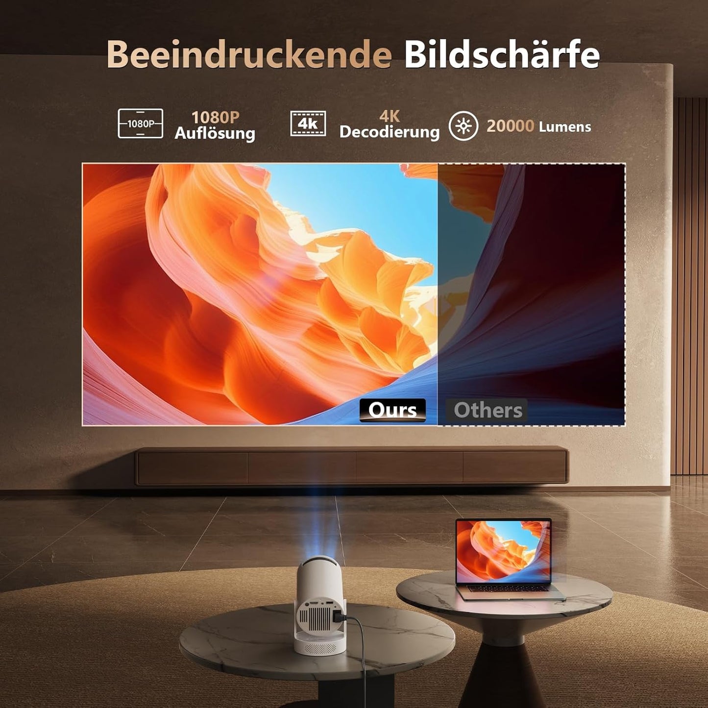 Trunera Mini Beamer, 4K Decoding Full HD 1080P, 20000 Lumen Helligkeit, Android 11, Bluetooth 5.0
