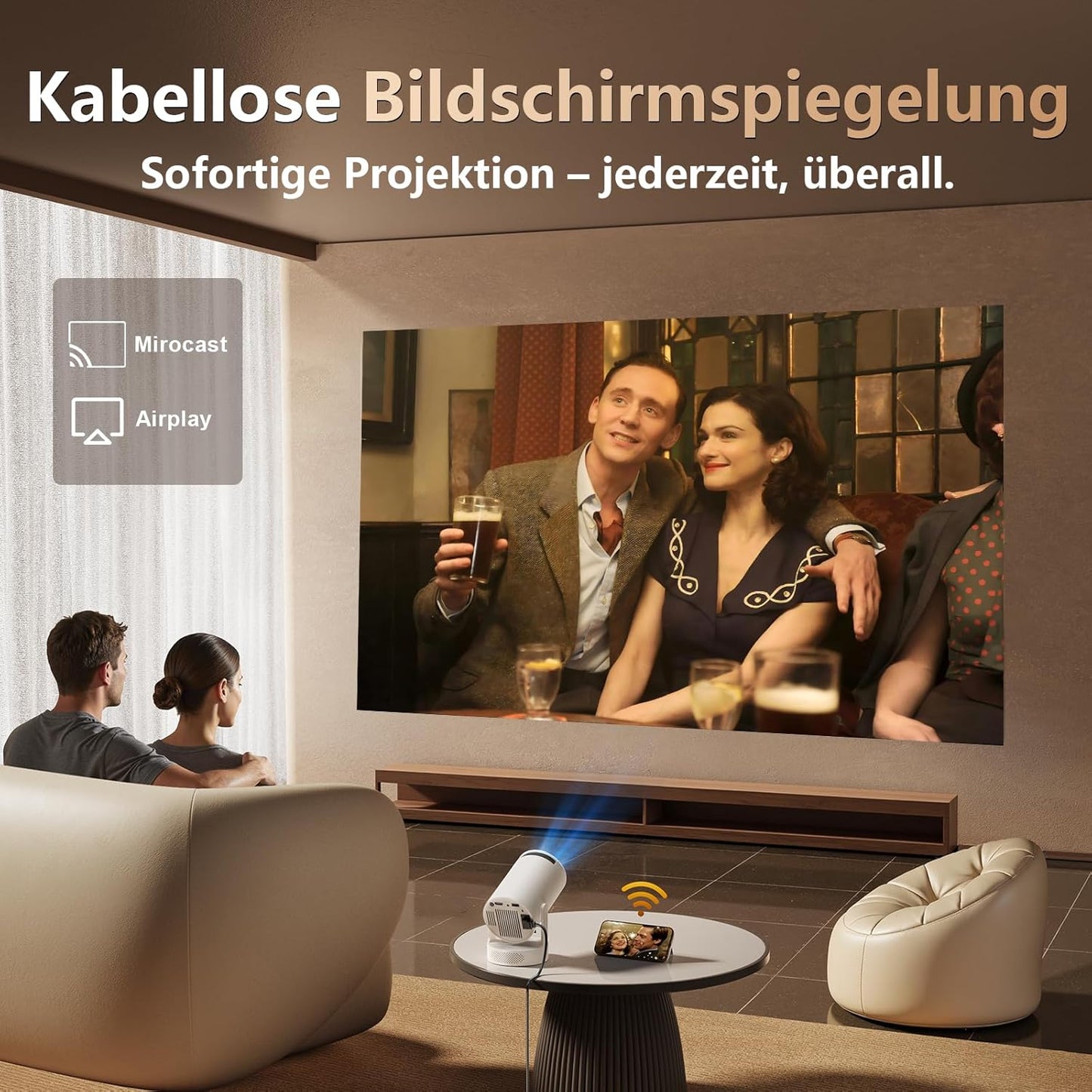 Trunera Mini Beamer, 4K Decoding Full HD 1080P, 20000 Lumen Helligkeit, Android 11, Bluetooth 5.0