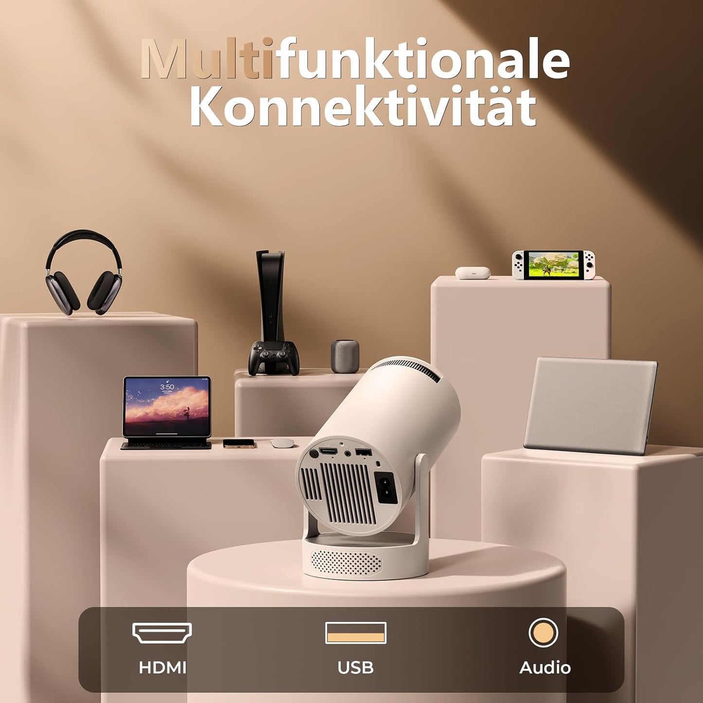 Trunera Mini Beamer, 4K Decoding Full HD 1080P, 20000 Lumen Helligkeit, Android 11, Bluetooth 5.0