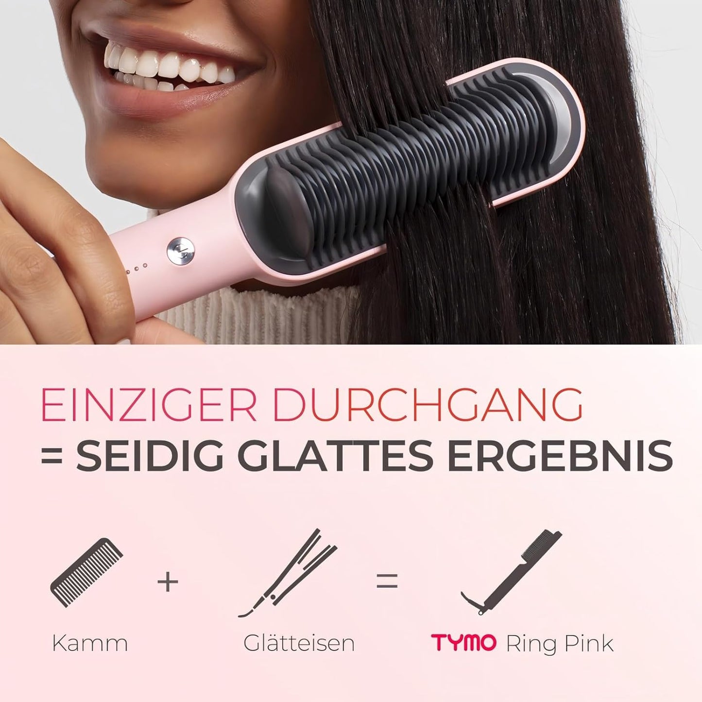 TYMO RING Glättbürste Haarglätter Bürste Keramik Haarbürste 2 in 1,Rosa