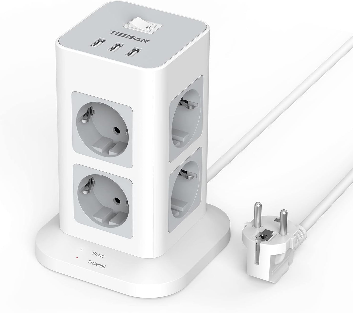 TESSAN 8 Fach Steckdosenleiste USB Mehrfachsteckdose 16A 2M kabel Weiß/Grau