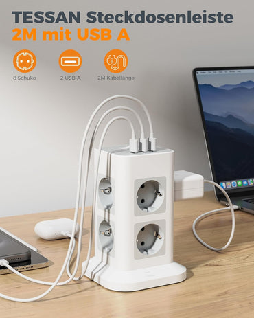TESSAN 8 Fach Steckdosenleiste USB Mehrfachsteckdose 16A 2M kabel Weiß/Grau