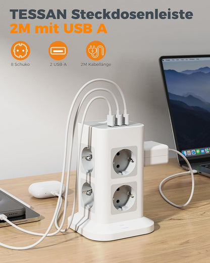TESSAN 8 Fach Steckdosenleiste USB Mehrfachsteckdose 16A 2M kabel Weiß/Grau