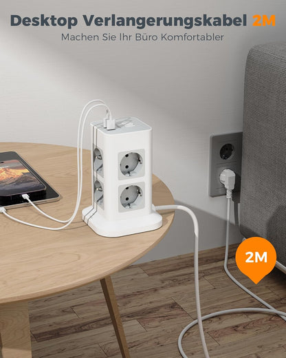 TESSAN 8 Fach Steckdosenleiste USB Mehrfachsteckdose 16A 2M kabel Weiß/Grau