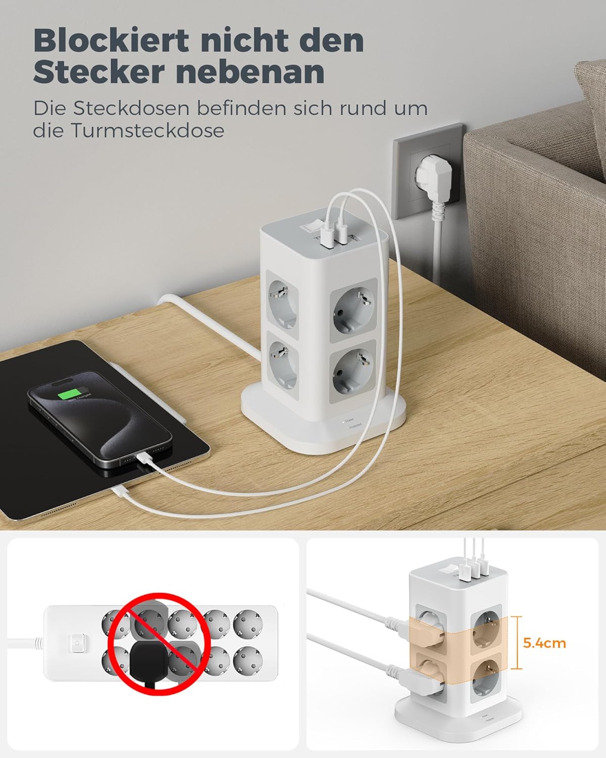 TESSAN 8 Fach Steckdosenleiste USB Mehrfachsteckdose 16A 2M kabel Weiß/Grau