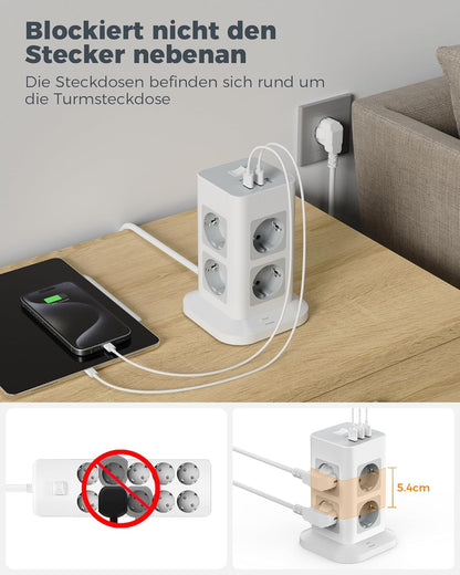 TESSAN 8 Fach Steckdosenleiste USB Mehrfachsteckdose 16A 2M kabel Weiß/Grau
