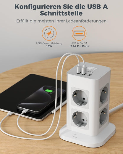 TESSAN 8 Fach Steckdosenleiste USB Mehrfachsteckdose 16A 2M kabel Weiß/Grau