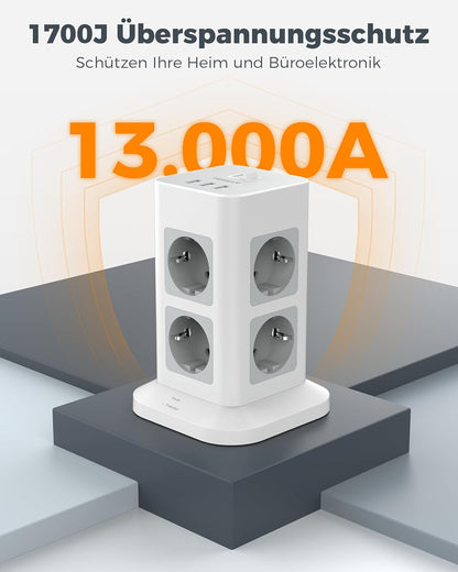 TESSAN 8 Fach Steckdosenleiste USB Mehrfachsteckdose 16A 2M kabel Weiß/Grau