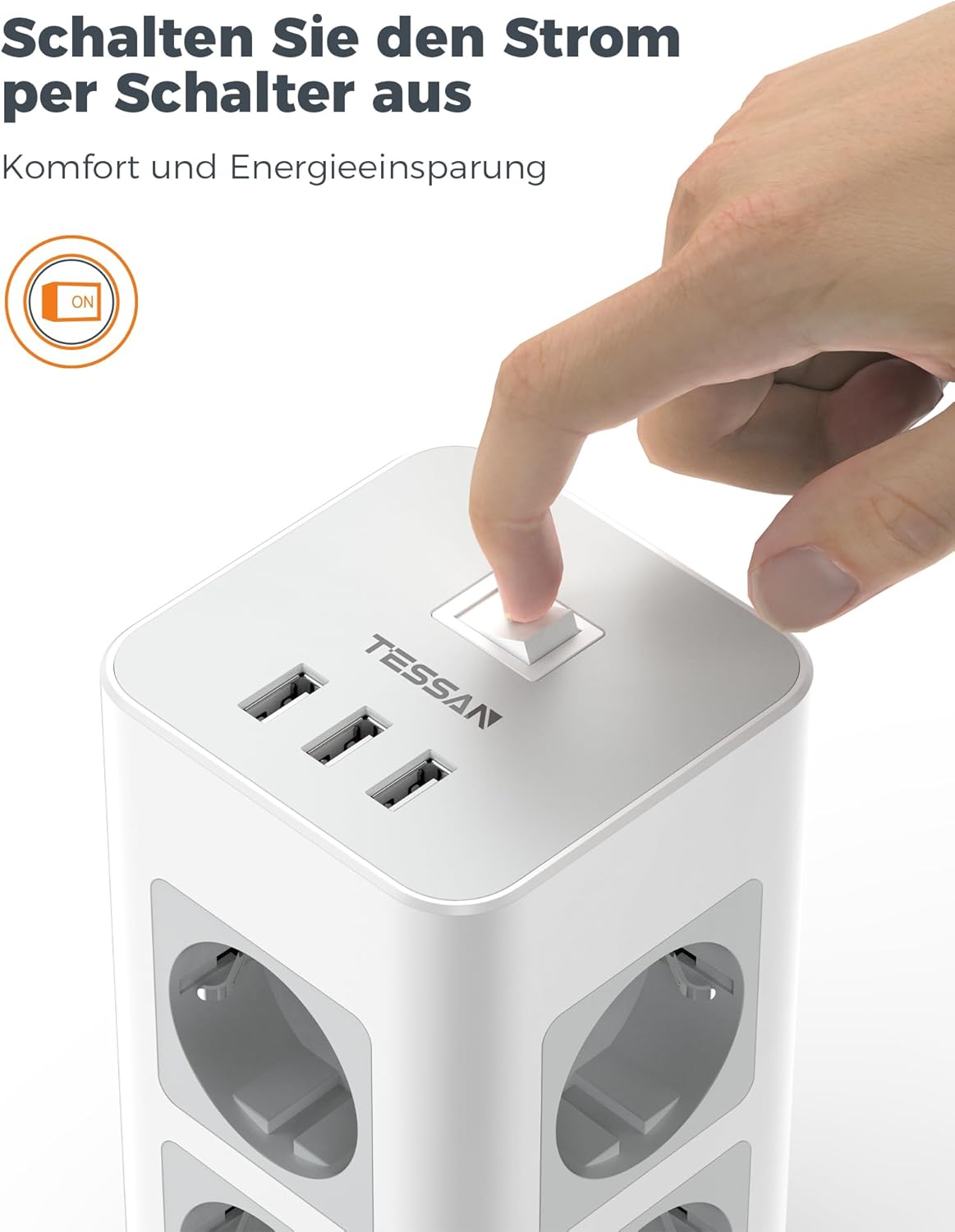 TESSAN 8 Fach Steckdosenleiste USB Mehrfachsteckdose 16A 2M kabel Weiß/Grau