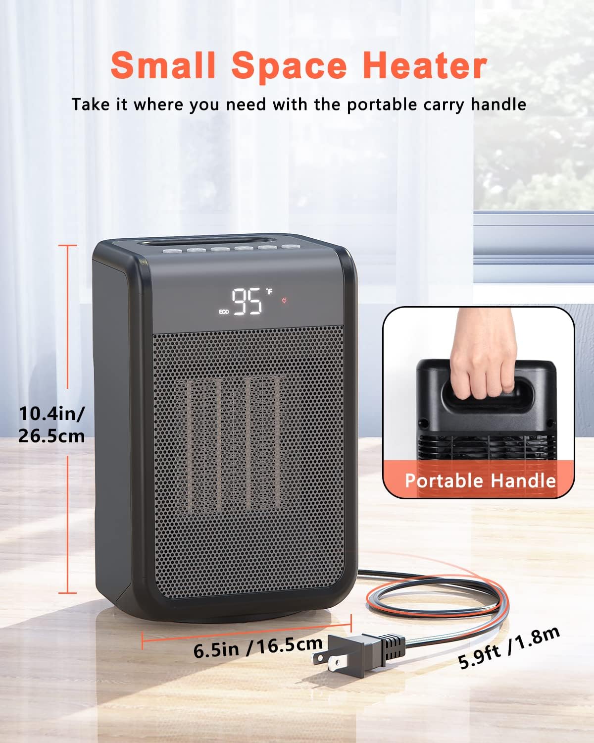 TriPole Heizlüfter Raumheizer Tragbarer Elektroheizer mit Thermostat, 80° oszillierende kleine Raumheizungen für den Innenbereich, 1500 W, schnell aufheizende PTC-Keramikheizung für Schlafzimmer, Büro, Schreibtisch, 1–12 Stunden Timer