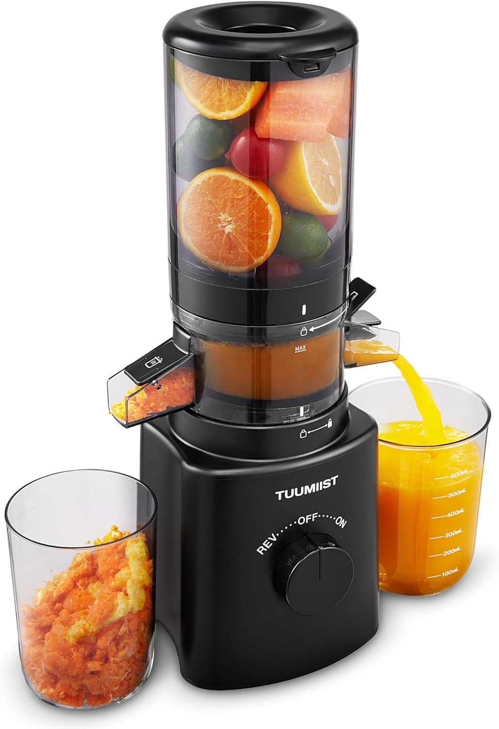 TUUMIIST Entsafter‚ Slow Juicer mit Extra Großem Einfüllschacht BPA-Frei,Glanzschwarz,120mm
