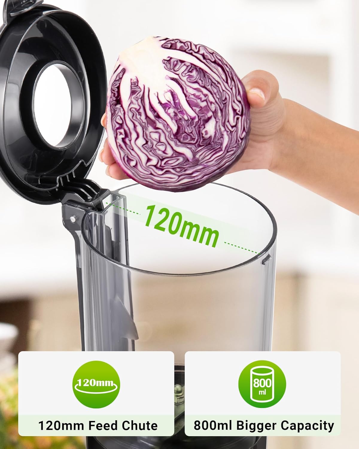 TUUMIIST Entsafter‚ Slow Juicer mit Extra Großem Einfüllschacht BPA-Frei,Glanzschwarz,120mm