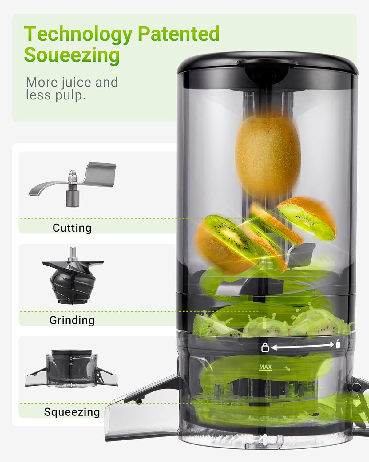 TUUMIIST Entsafter‚ Slow Juicer mit Extra Großem Einfüllschacht BPA-Frei,Glanzschwarz,120mm