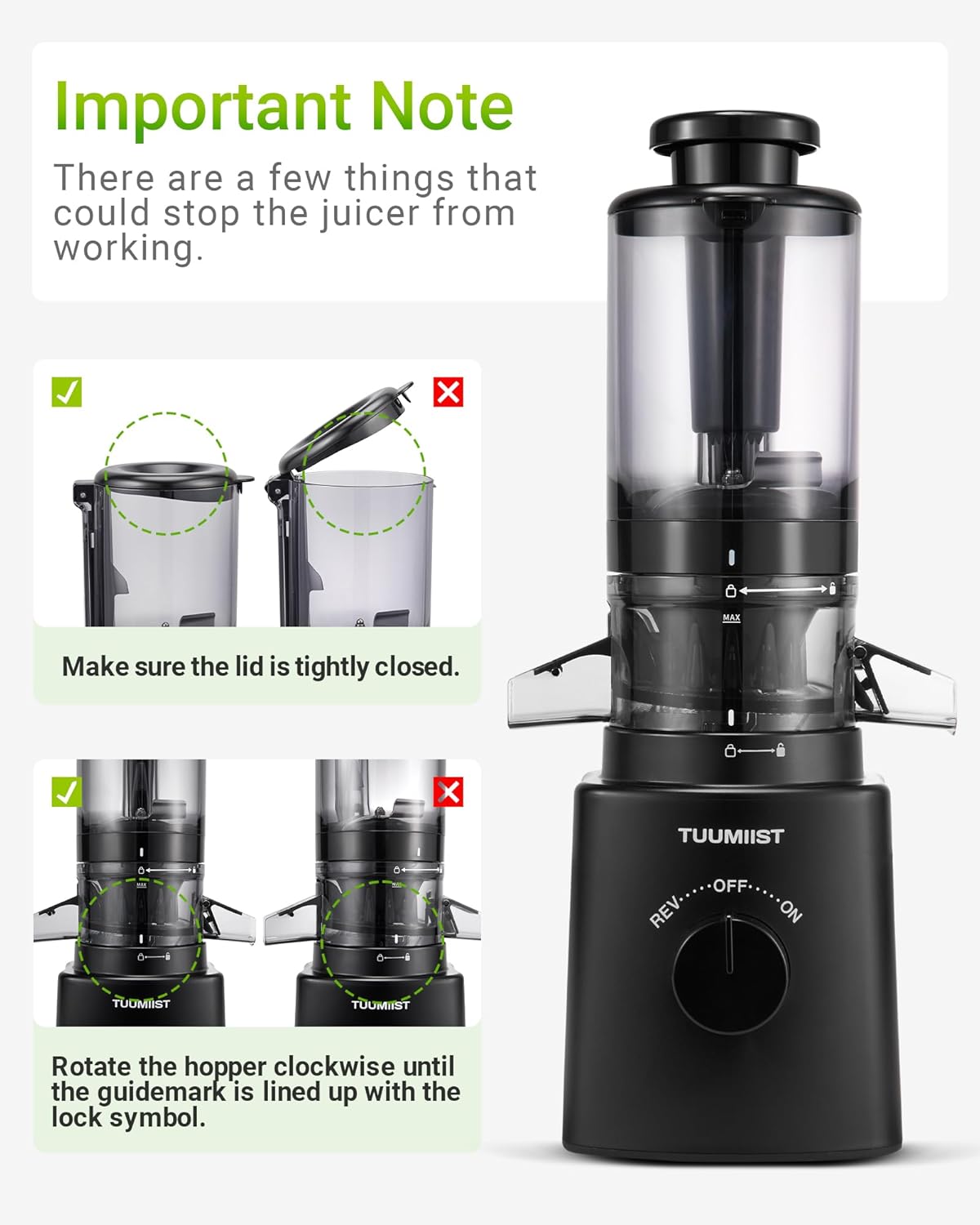 TUUMIIST Entsafter‚ Slow Juicer mit Extra Großem Einfüllschacht BPA-Frei,Glanzschwarz,120mm