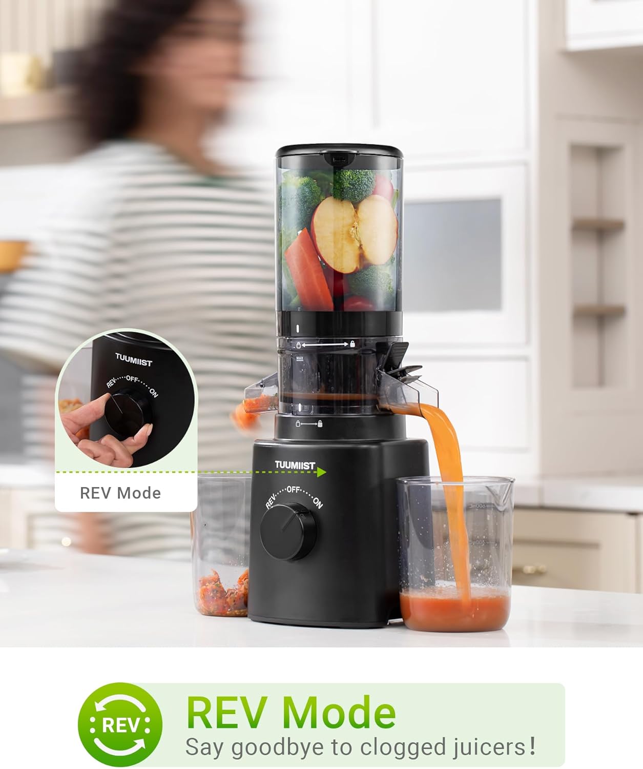 TUUMIIST Entsafter‚ Slow Juicer mit Extra Großem Einfüllschacht BPA-Frei,Glanzschwarz,120mm