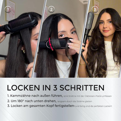 TYMO FLIPRO Glätteisen Haarglätter Bürste  2 in 1 Ionen Keratin Glättbürste Schwarz