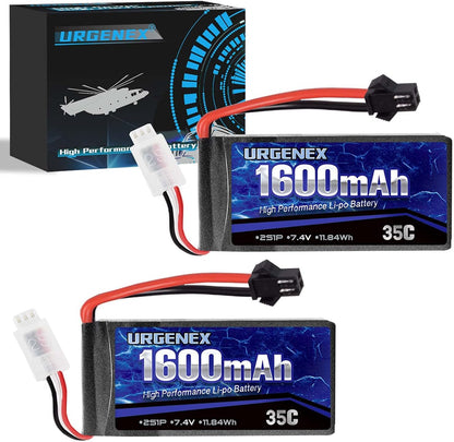 URGENEX 2S Lipo-Akku, 7,4 V, 1600 mAh, Lipo mit SM 2P-Stecker, 35 C, wiederaufladbarer Lipo-Akku für RC-Autos, LKWs, Hobby, Ersatzteile, Zubehör, 2 Stück