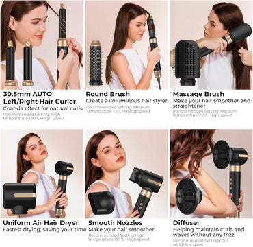 UKLISS Airstyler Multistyler 7 in 1, 1400w Warmluftbürste Haartrockner mit 3 Temp. 30 mm