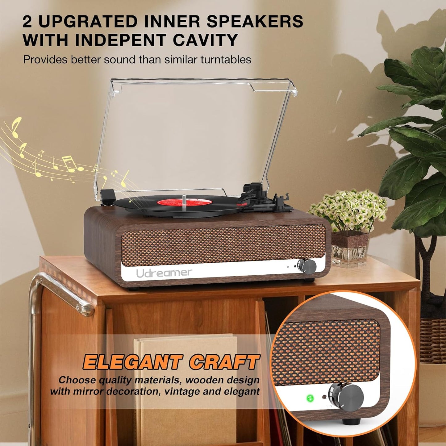 Udreamer Bluetooth Plattenspieler mit Lautsprecher Vintage Unterstützt USB AUX