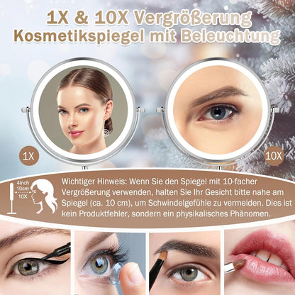 UUCOLOR Wiederaufladbar Kosmetikspiegel mit Beleuchtung,1X/10X Vergrößerung,3 Lichtfarben