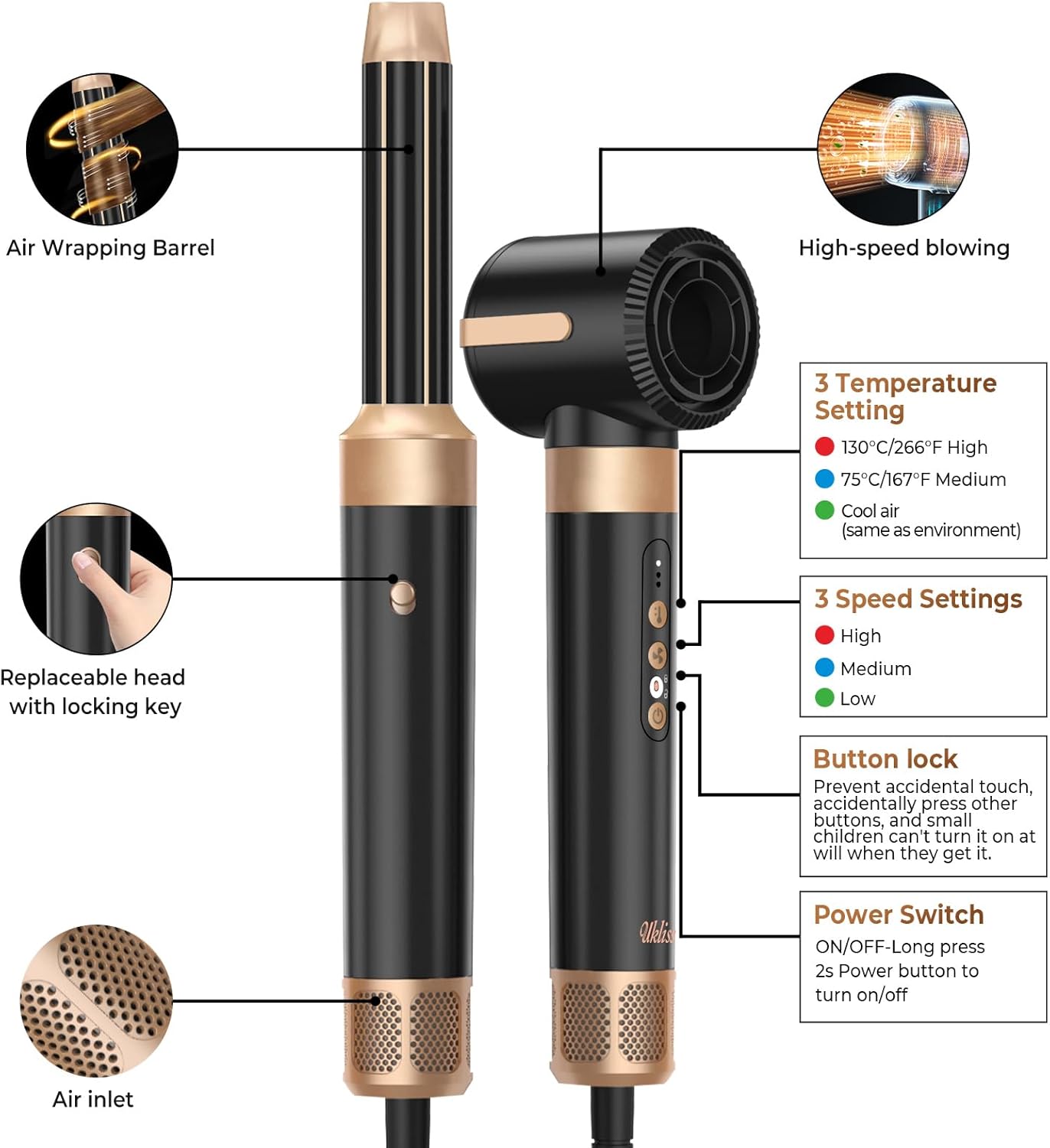 UKLISS Airstyler Multistyler 7 in 1, 1400w Warmluftbürste Haartrockner mit 3 Temp. 30 mm