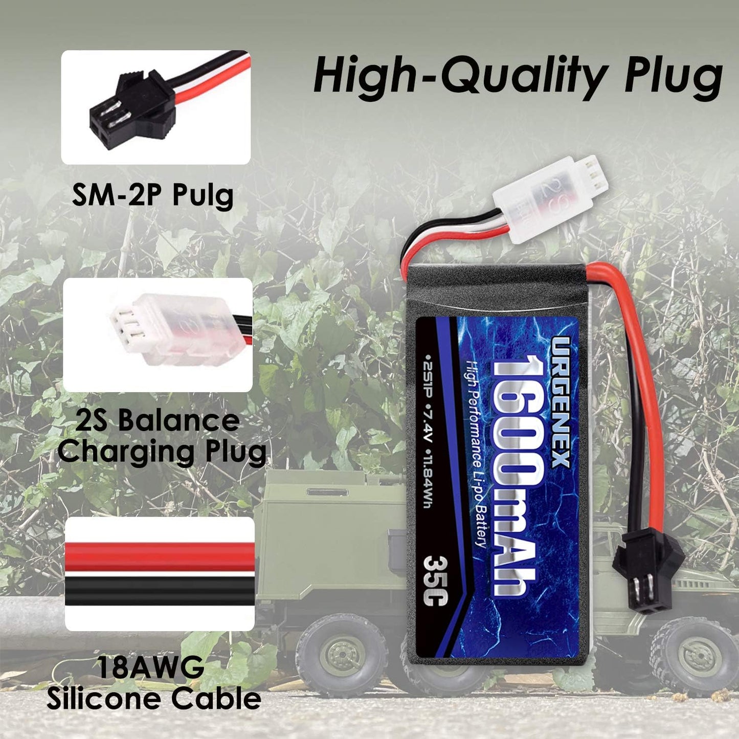 URGENEX 2S Lipo-Akku, 7,4 V, 1600 mAh, Lipo mit SM 2P-Stecker, 35 C, wiederaufladbarer Lipo-Akku für RC-Autos, LKWs, Hobby, Ersatzteile, Zubehör, 2 Stück