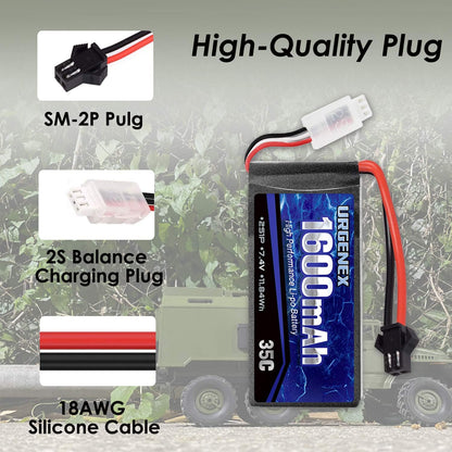 URGENEX 2S Lipo-Akku, 7,4 V, 1600 mAh, Lipo mit SM 2P-Stecker, 35 C, wiederaufladbarer Lipo-Akku für RC-Autos, LKWs, Hobby, Ersatzteile, Zubehör, 2 Stück