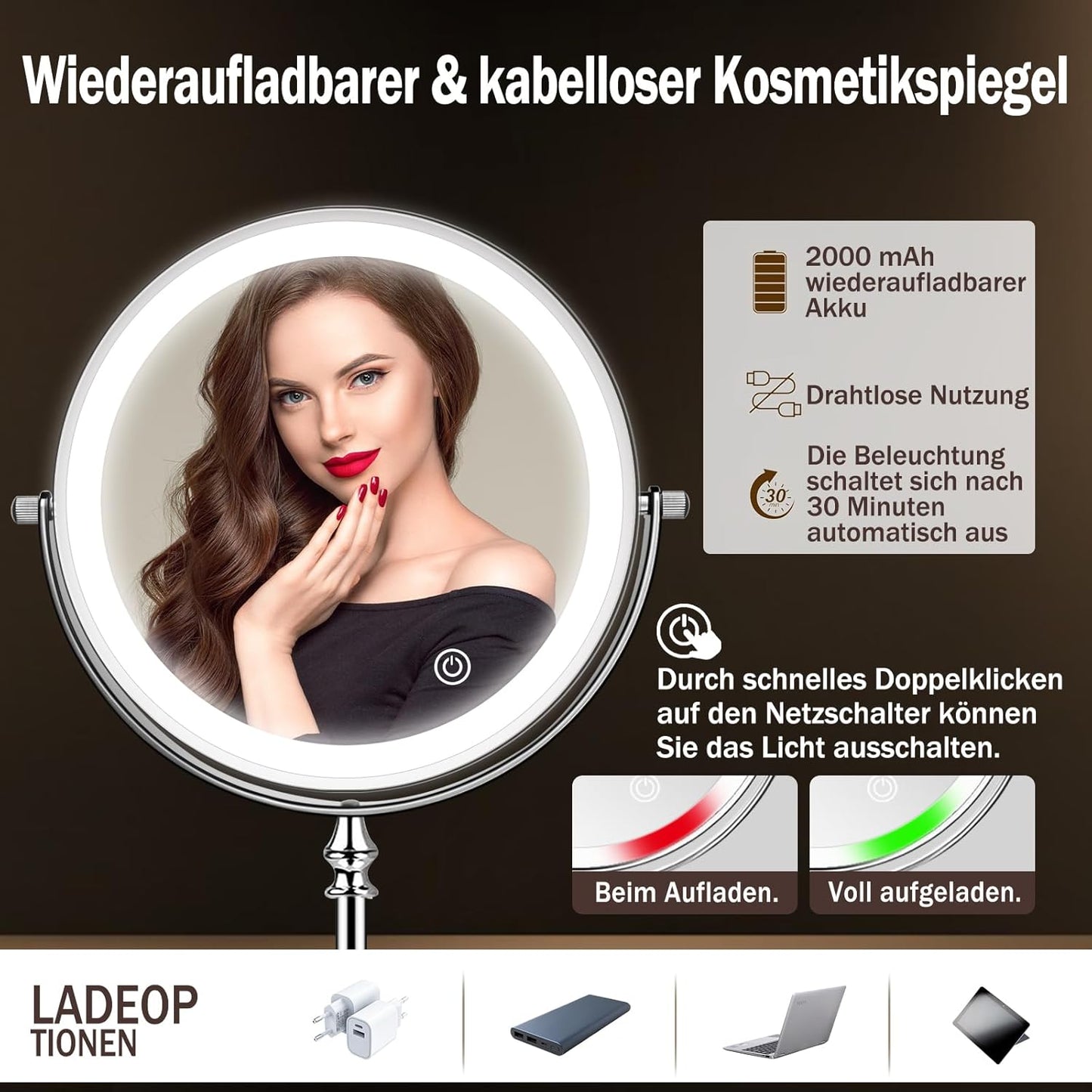 UUCOLOR Wiederaufladbar Kosmetikspiegel mit Beleuchtung,1X/10X Vergrößerung,3 Lichtfarben