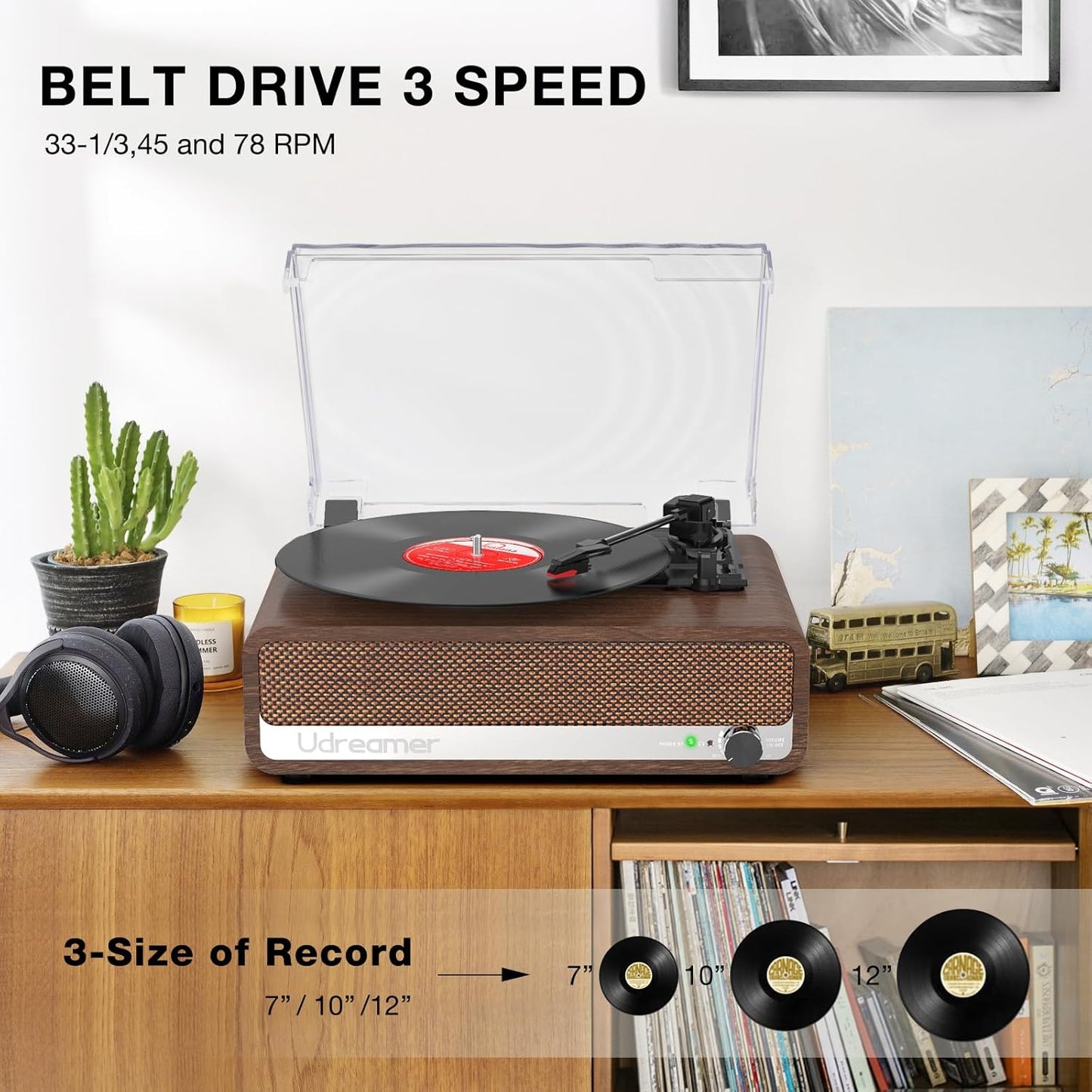 Udreamer Bluetooth Plattenspieler mit Lautsprecher Vintage Unterstützt USB AUX