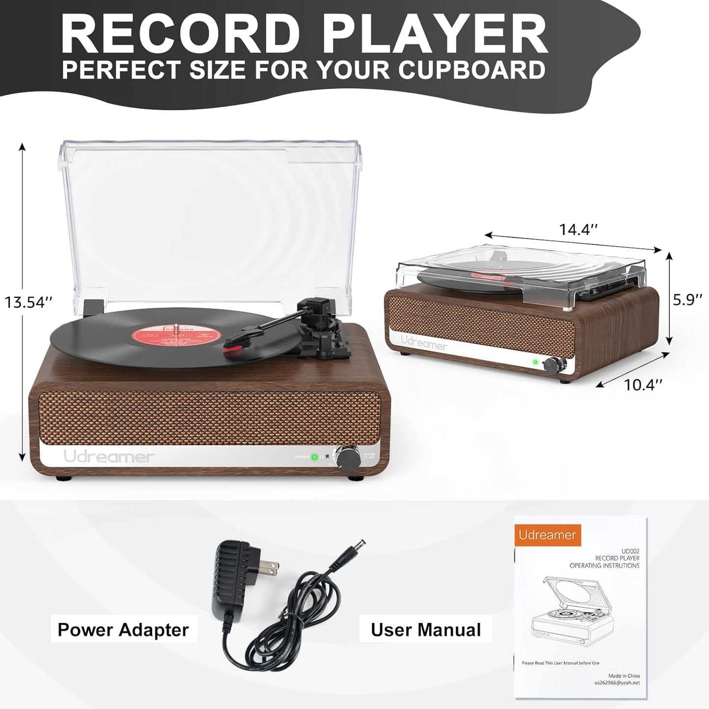 Udreamer Bluetooth Plattenspieler mit Lautsprecher Vintage Unterstützt USB AUX