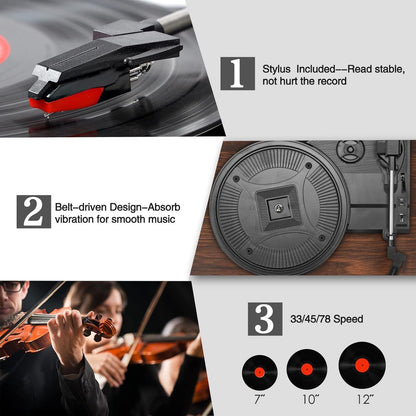 Udreamer Schallplattenspieler, Plattenspieler mit integrierten Lautsprechern, Bluetooth Riemenantrieb