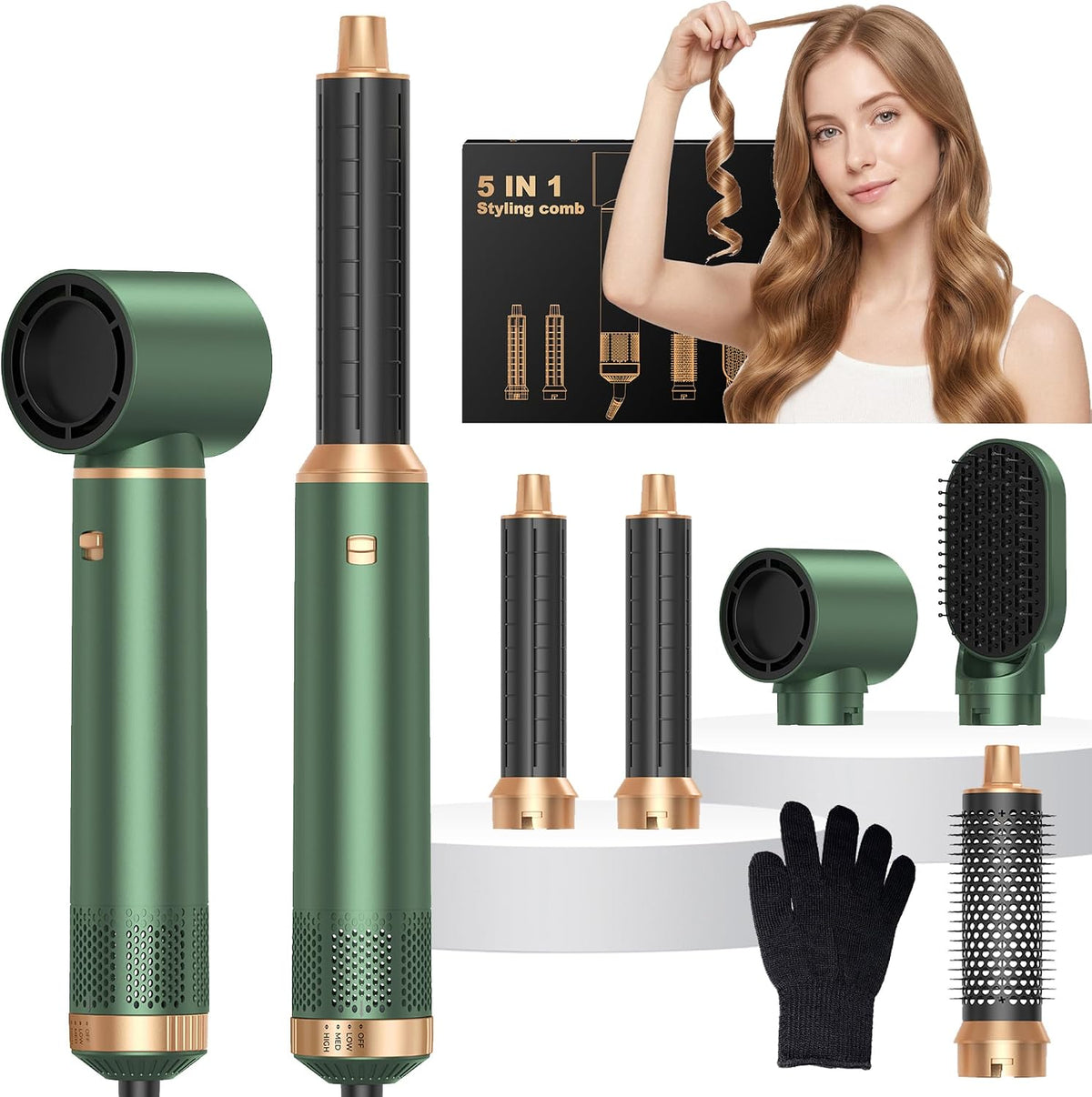 5-in-1-Haarstyler zum Trocknen, Locken und Glätten,Airbrush-Haartrockner, Grün
