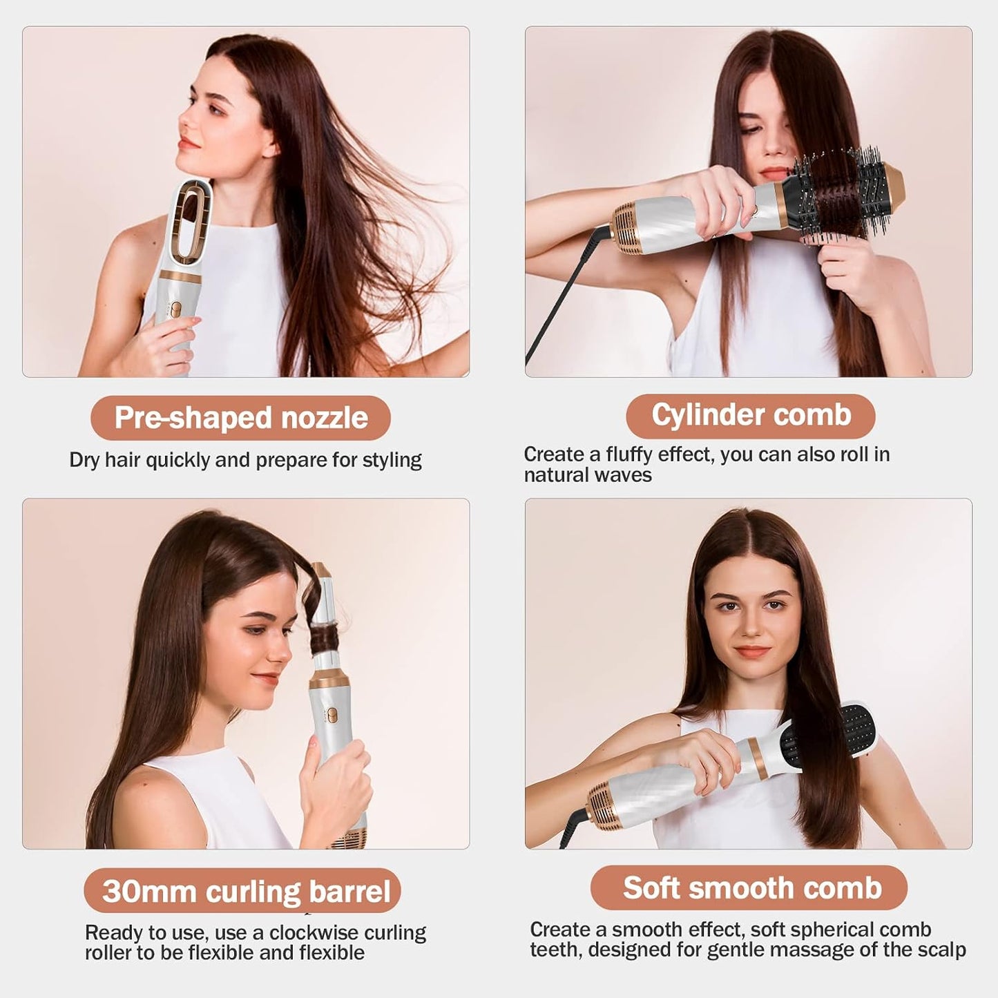 UKLISS Warmluftbürste Set 6 In 1, Airstyler Rundbürsten föhn Mit 6 Aufsätze