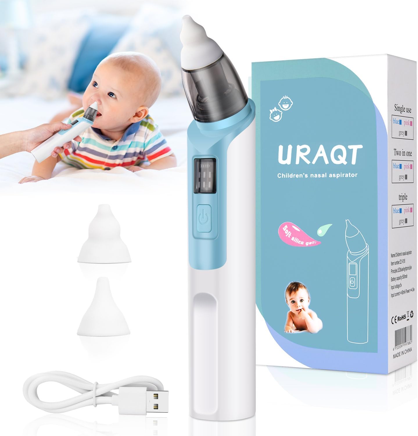 URAQT Baby-Nasensauger, elektrischer Nasenreiniger mit 6 Saugstufen und 2 Silikonaufsätzen