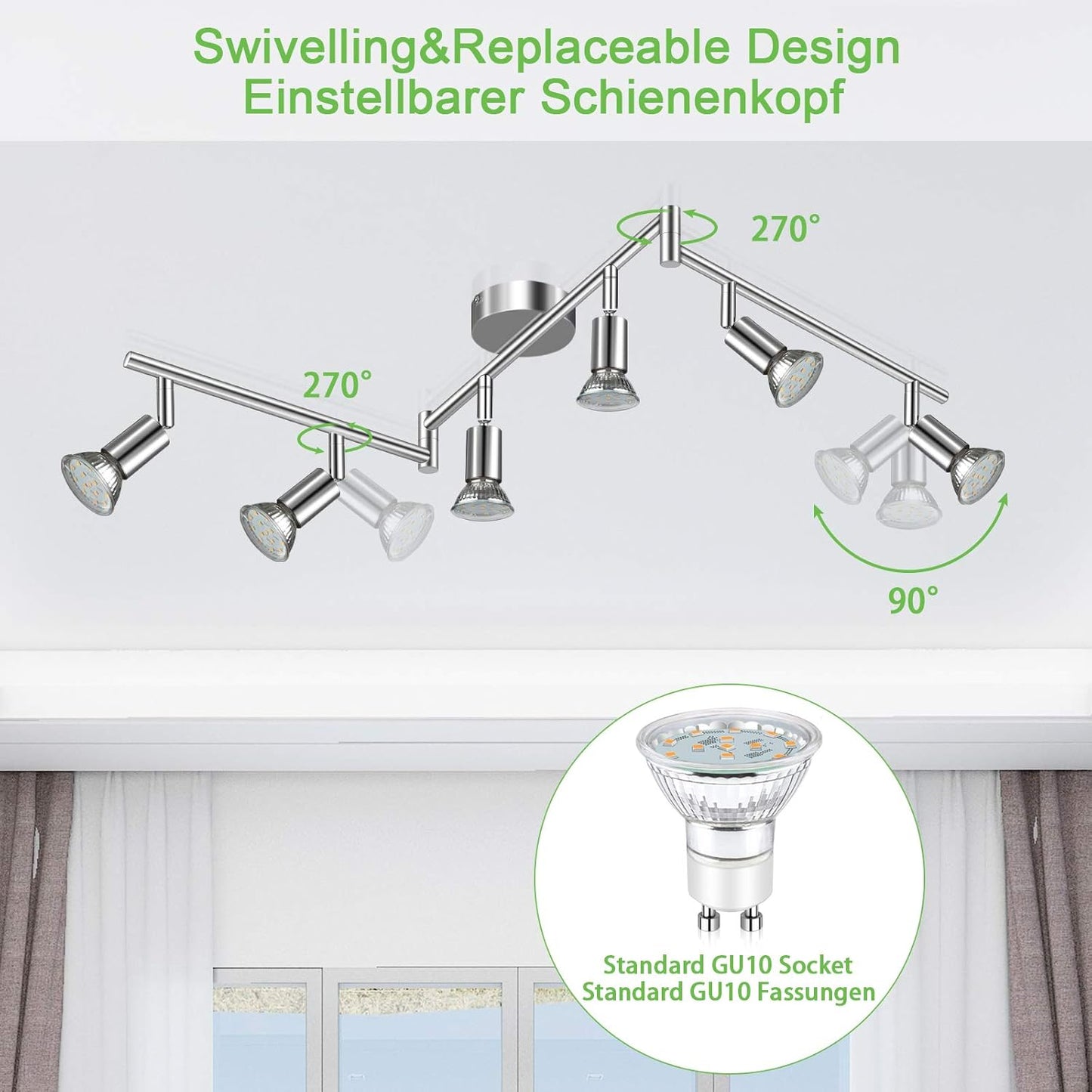 Unicozin LED Deckenleuchte, 6 Flammig Deckenstrahler Schwenkbar Chrom, Inkl. 6 x 4W GU10 LED Lampen